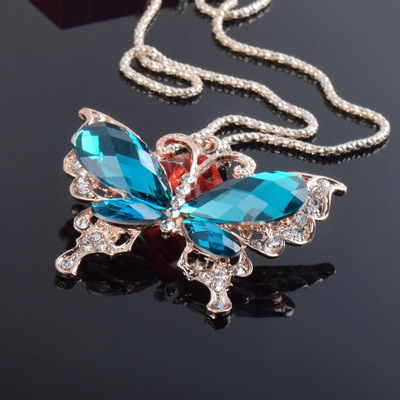 高檔毛衣鏈 電鍍藍色寶石蝴蝶，引領女士飾品批發新風尚
